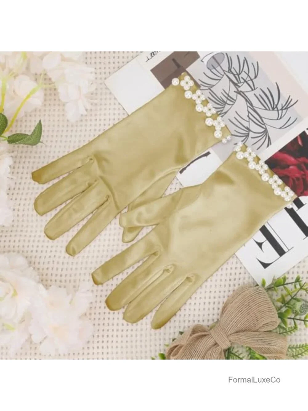 Women's Pearl Satin Gloves for Wedding Prom Evening Party